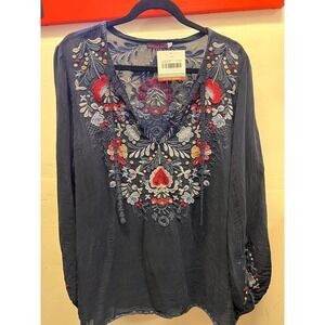 Johnny Was Blue Neck Tie Embroidered Blouse